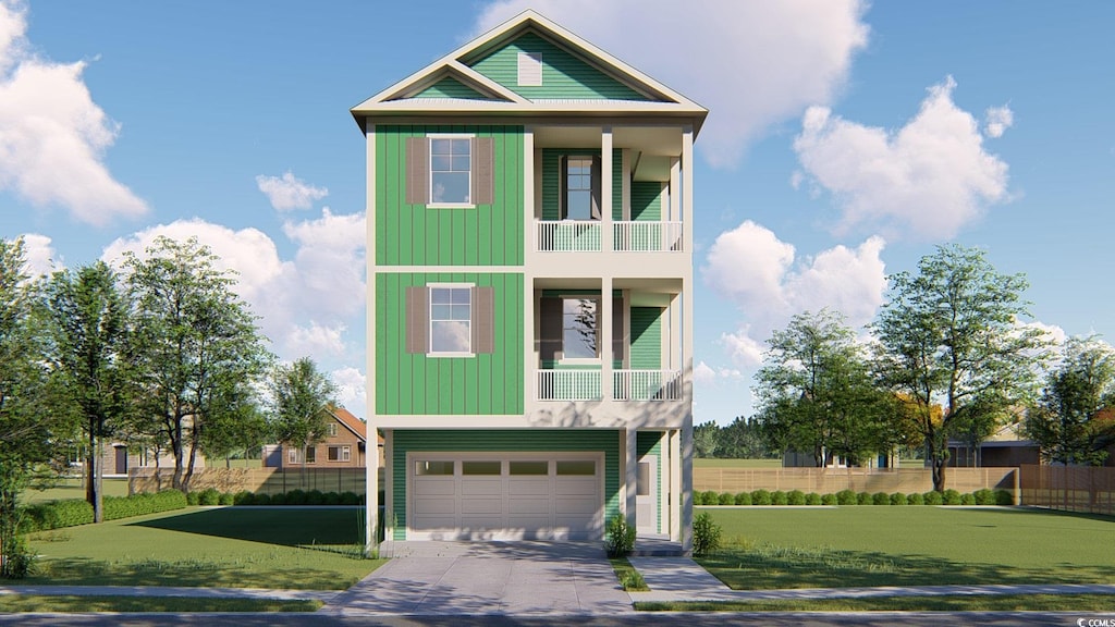 view of front of house with a balcony, driveway, board and batten siding, an attached garage, and fence