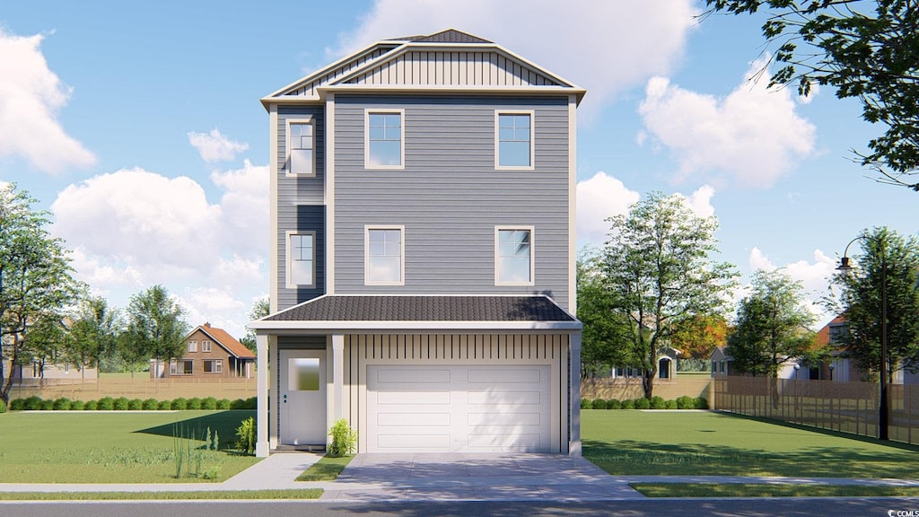 view of front facade featuring a garage, driveway, fence, a front lawn, and board and batten siding