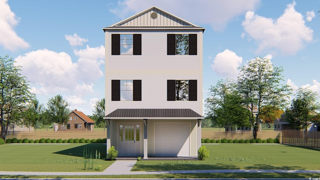 view of front facade featuring a front lawn and board and batten siding