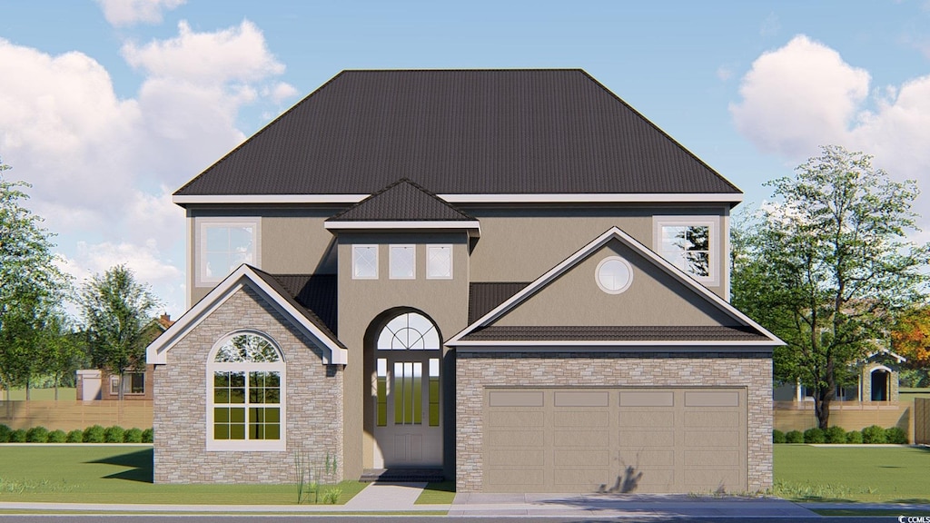 5508 Via Verde Dr, North Myrtle Beach, SC 29582 - view of front of house featuring stone siding, a garage, and stucco siding