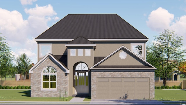 5508 Via Verde Dr, North Myrtle Beach, SC 29582 - view of front of house featuring stone siding, a garage, and stucco siding