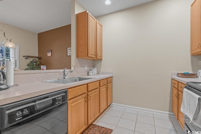 kitchen featuring light tile patterned floors, a sink, black dishwasher, light countertops, and stainless steel electric stove