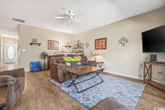 living room featuring a textured ceiling, wood finished floors, visible vents, baseboards, and a ceiling fan