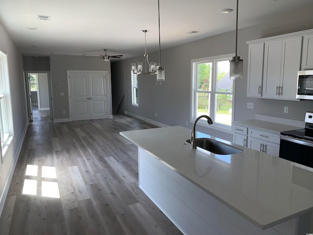 kitchen with sink, white cabinets, appliances with stainless steel finishes, wood-type flooring, and ceiling fan with notable chandelier