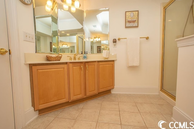 bathroom featuring a shower with door, vanity, ornamental molding, and tile floors