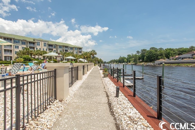 view of dock with a water view