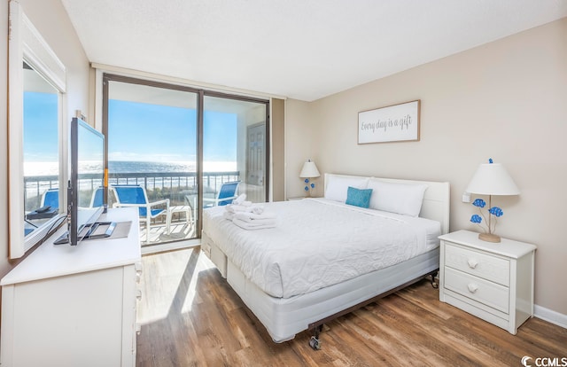 bedroom featuring access to exterior, floor to ceiling windows, and dark wood-type flooring