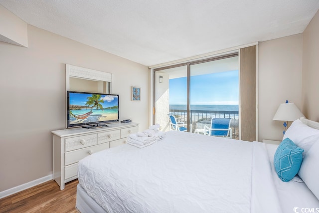 bedroom with light hardwood / wood-style flooring, a textured ceiling, and access to exterior