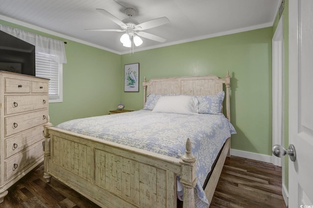 bedroom with ceiling fan, crown molding, and dark wood-type flooring