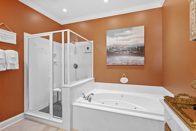 bathroom with vanity, shower with separate bathtub, and crown molding