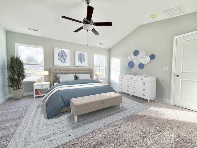 carpeted bedroom with multiple windows, ceiling fan, and vaulted ceiling