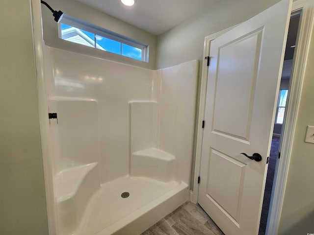 bathroom featuring walk in shower and wood-type flooring