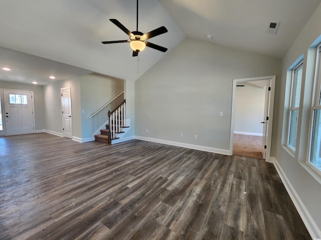 unfurnished living room featuring ceiling fan, high vaulted ceiling, and dark hardwood / wood-style flooring