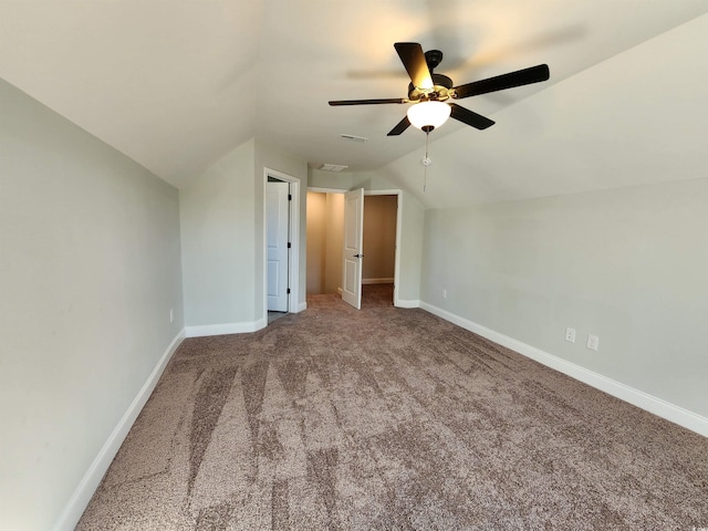 bonus room featuring ceiling fan, carpet, and lofted ceiling