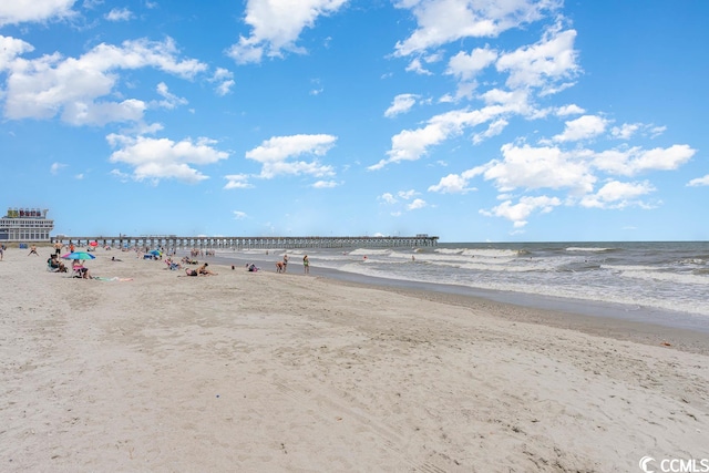 view of water feature with a beach view