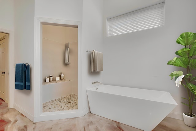 bathroom with wood-type flooring and plus walk in shower