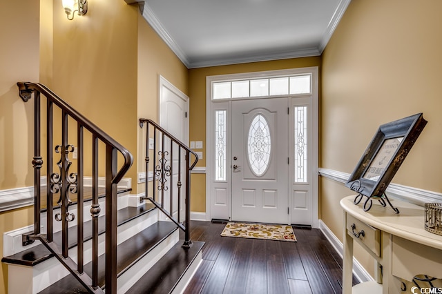 foyer entrance featuring crown molding and dark hardwood / wood-style flooring