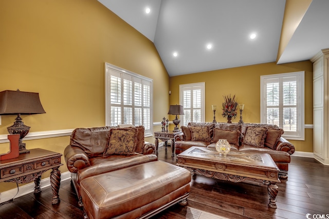 living room featuring dark wood-type flooring and a healthy amount of sunlight