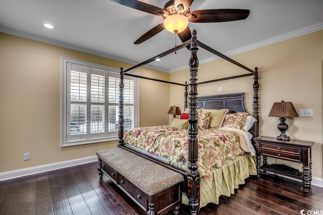 bedroom featuring ceiling fan, crown molding, and dark hardwood / wood-style floors