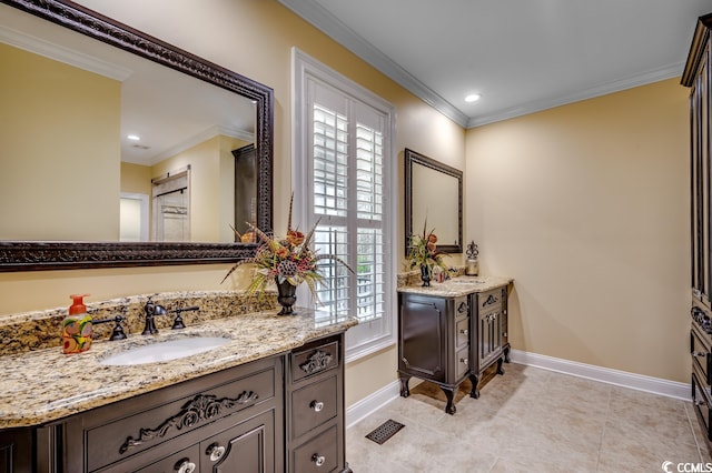 bathroom with large vanity, tile floors, and crown molding