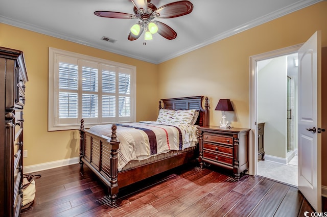 bedroom with crown molding, ceiling fan, and dark hardwood / wood-style flooring