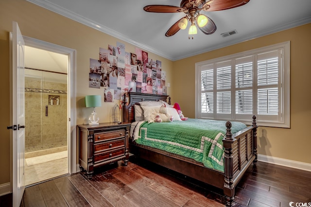 bedroom with crown molding, ensuite bath, ceiling fan, and dark wood-type flooring