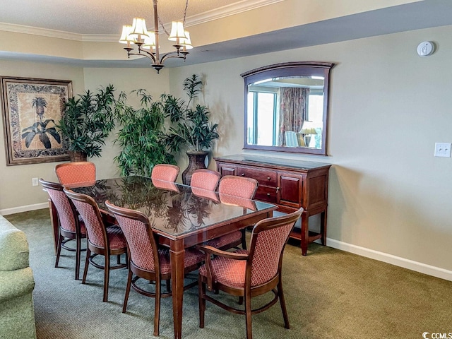 carpeted dining area with ornamental molding, a textured ceiling, and a notable chandelier