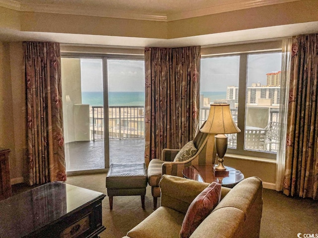 sitting room with dark colored carpet, crown molding, and a water view