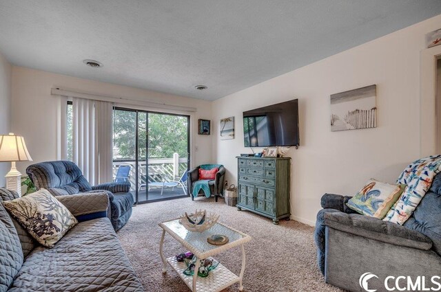 carpeted living room with a textured ceiling