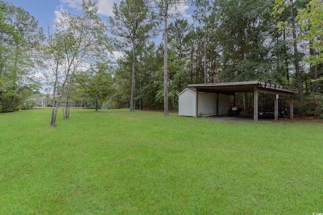 view of yard featuring a carport and an outbuilding