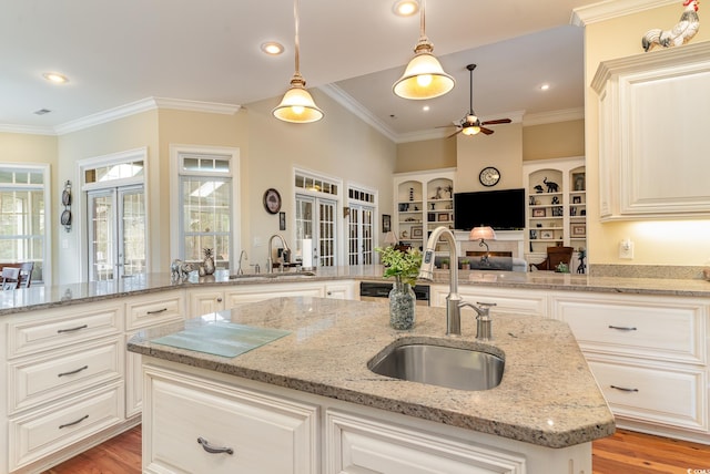 kitchen featuring french doors, sink, and light hardwood / wood-style flooring