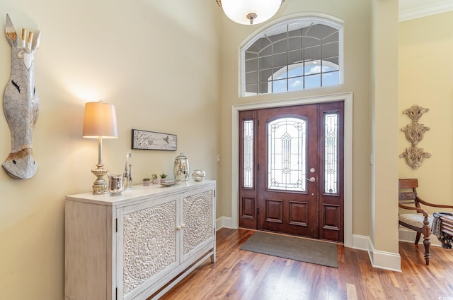 entrance foyer featuring light hardwood / wood-style floors, ornamental molding, and a high ceiling