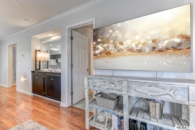 room details featuring vanity, crown molding, and light hardwood / wood-style floors