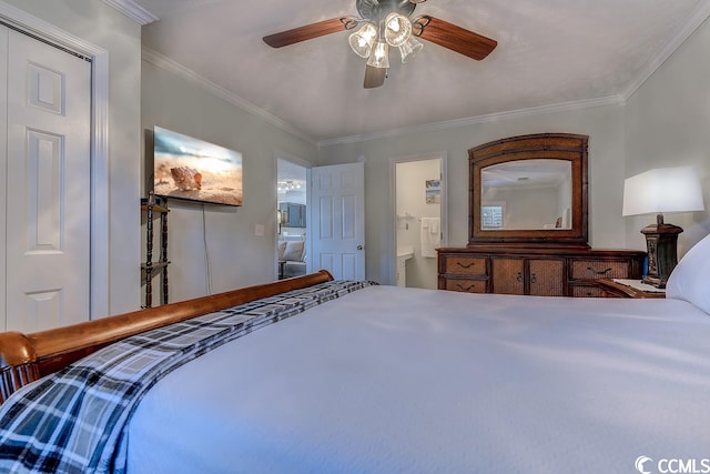 bedroom with ceiling fan, connected bathroom, and ornamental molding