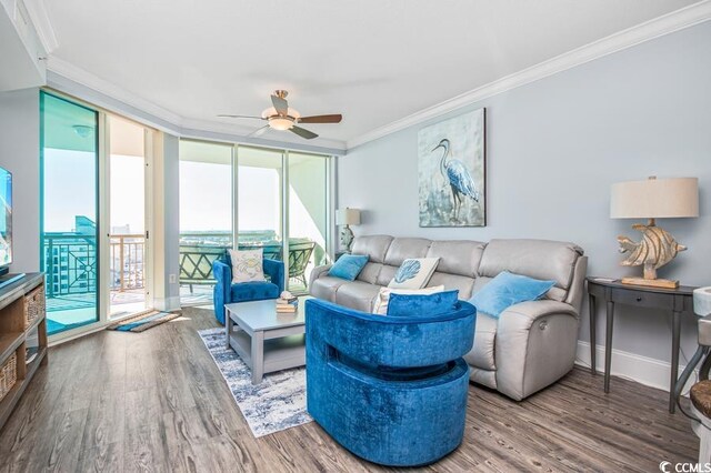 603 S Ocean Blvd Unit 1115, North Myrtle Beach, SC 29582 - living room featuring crown molding, a ceiling fan, wood finished floors, floor to ceiling windows, and plenty of natural light