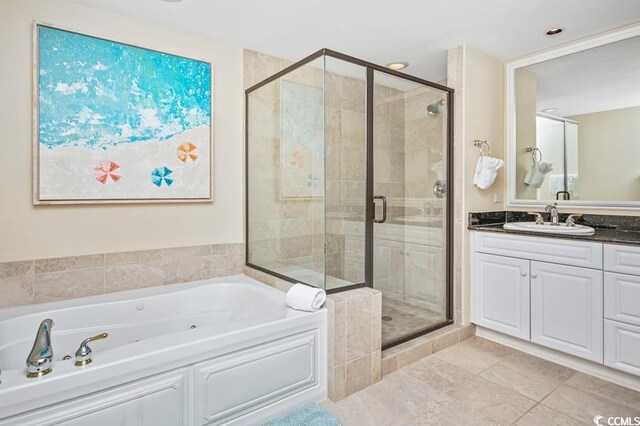 603 S Ocean Blvd Unit 1115, North Myrtle Beach, SC 29582 - full bath featuring a shower stall, a bath, vanity, tile patterned flooring, and recessed lighting