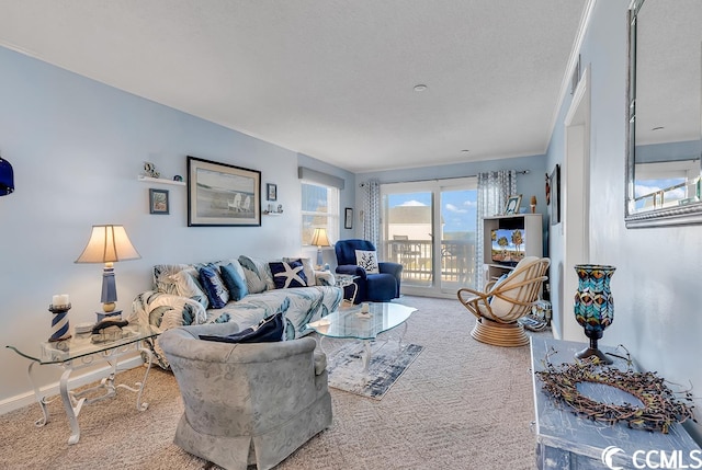 living room with light colored carpet