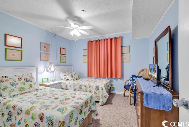 bedroom with light carpet, a textured ceiling, and ceiling fan