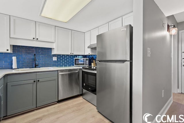 kitchen with appliances with stainless steel finishes, light hardwood / wood-style floors, sink, white cabinetry, and gray cabinets