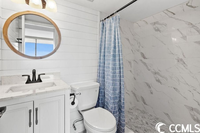 bathroom featuring a shower with curtain, toilet, and vanity