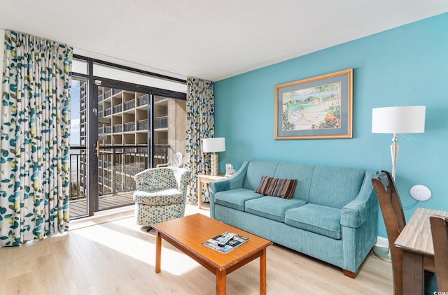 living room featuring expansive windows and light hardwood / wood-style flooring