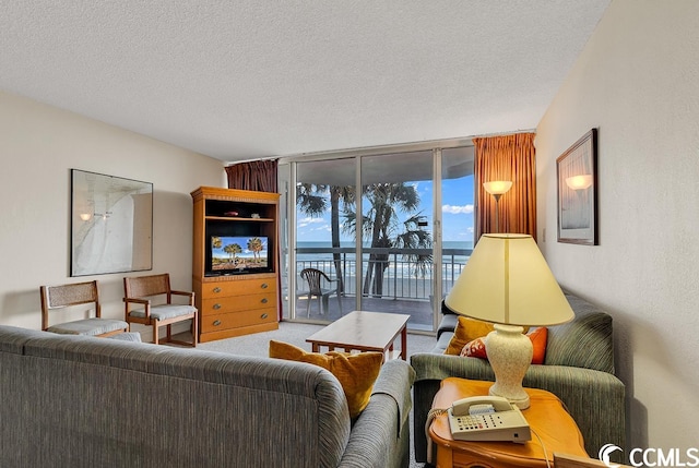 carpeted living room featuring a water view and a textured ceiling