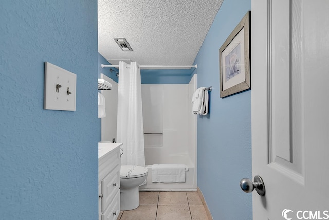 full bathroom with toilet, vanity, shower / bath combination with curtain, a textured ceiling, and tile floors