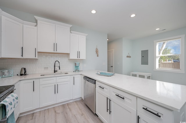 503 30th Ave N, Myrtle Beach, SC 29577 - kitchen featuring a sink, stainless steel appliances, electric panel, a peninsula, and decorative backsplash