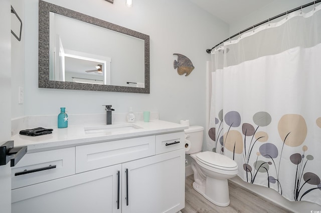 503 30th Ave N, Myrtle Beach, SC 29577 - bathroom featuring vanity, toilet, wood finished floors, and a shower with curtain