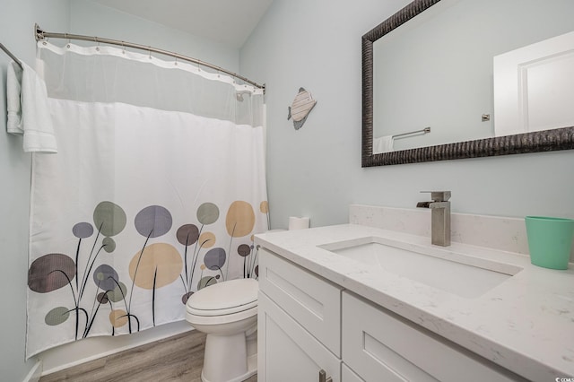503 30th Ave N, Myrtle Beach, SC 29577 - bathroom with vanity, wood finished floors, toilet, and a shower with curtain