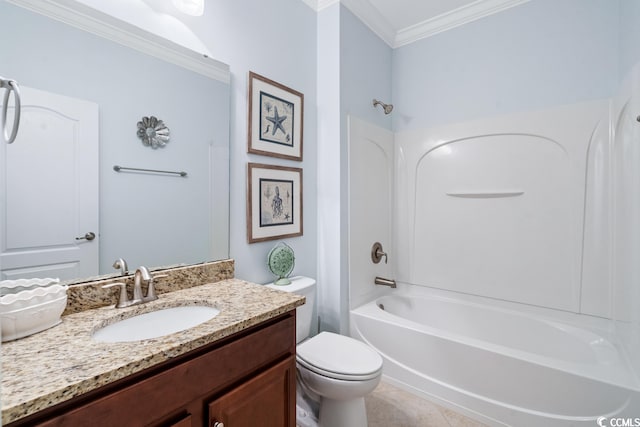 full bathroom with toilet, tub / shower combination, ornamental molding, tile floors, and vanity