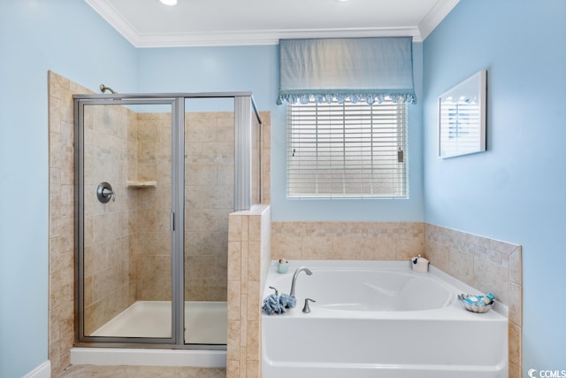 bathroom featuring shower with separate bathtub and ornamental molding