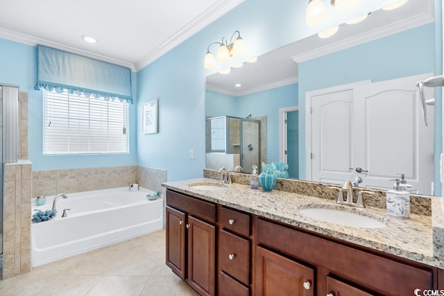 bathroom with tile flooring, double sink, large vanity, crown molding, and plus walk in shower