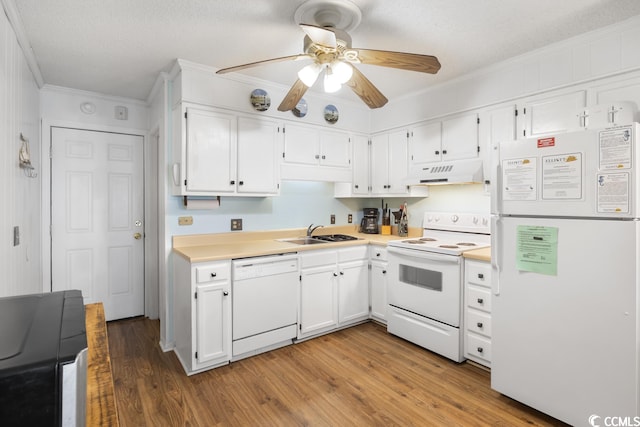 kitchen featuring white cabinetry, white appliances, ceiling fan, and light hardwood / wood-style flooring